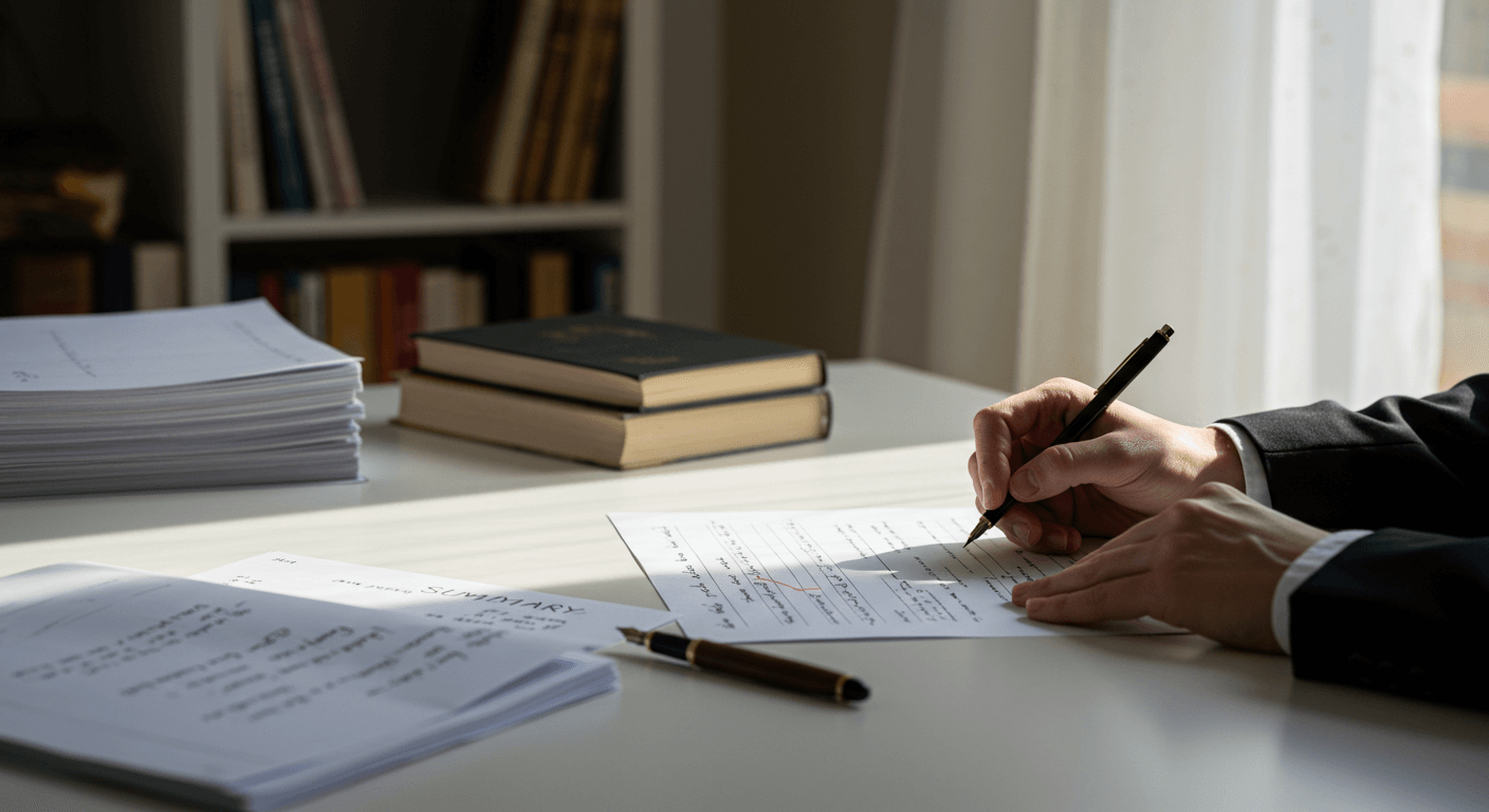 A writer is seated at a clean, wooden desk, working on a neatly written page beside an open book manuscript. A second draft with crossed-out lines and handwritten notes lies nearby, showing the process of refining a summary. The desk is organized with paper stacks, a fountain pen, and a folder ready for submission. Behind the writer, a tall bookshelf holds classic novels and reference books. Soft daylight comes through a window, casting a warm glow over the workspace. The scene captures a thoughtful, professional moment—ideal for representing the process of writing a compelling book summary for publishers.