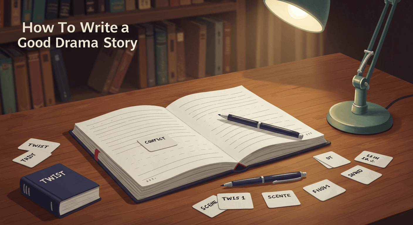 Visual Idea: A clean, illustrated desk with an open notebook, scattered plot cards labeled “Twist,” “Conflict,” “Scene 1,” and a pen resting beside it. The background shows bookshelves and a soft lamp glow—calm and focused on storytelling, not emotion. Text on Image: How To Write a Good Drama Story