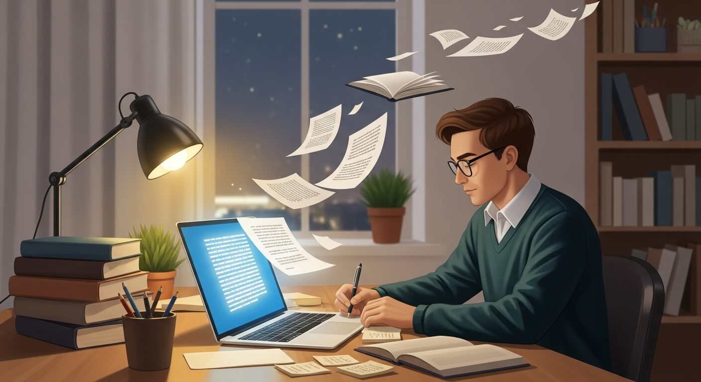 A focused writer sits at a desk with a glowing manuscript page on a laptop. Draft pages float upward, gradually transforming into a polished book. The setting is creative and calm, with books, notes, and warm lighting. Style: clean, semi-realistic, and inspiring.