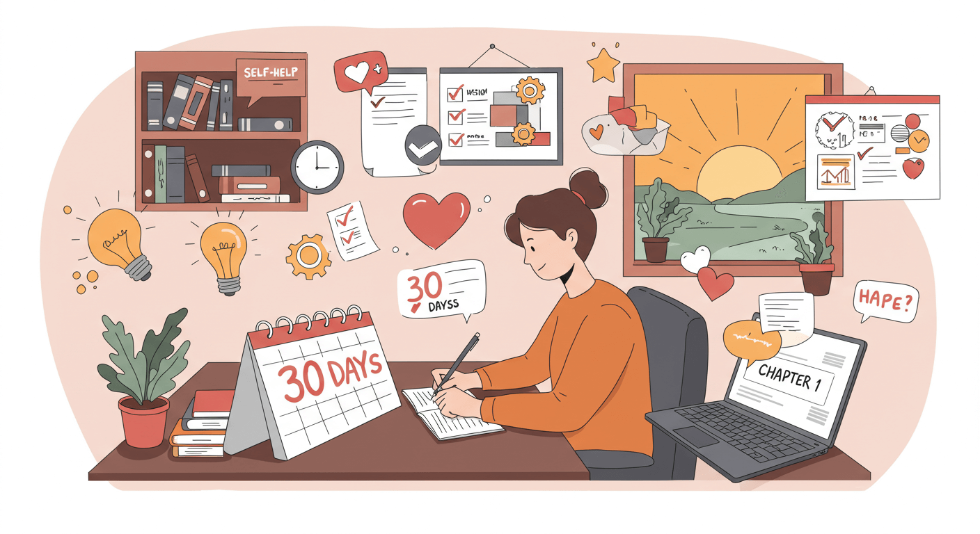 An illustrated image of a focused writer sitting at a desk with a calendar marked “30 Days,” surrounded by floating motivational symbols like light bulbs, checklists, hearts, books, clocks, and upward arrows. The background shows a bookshelf labeled “Self-Help,” a large vision board, and a laptop with the screen displaying “Chapter 1.” A sunrise outside the window suggests a new beginning. The scene is vibrant, modern, and motivational—ideal for a blog on productivity and writing.