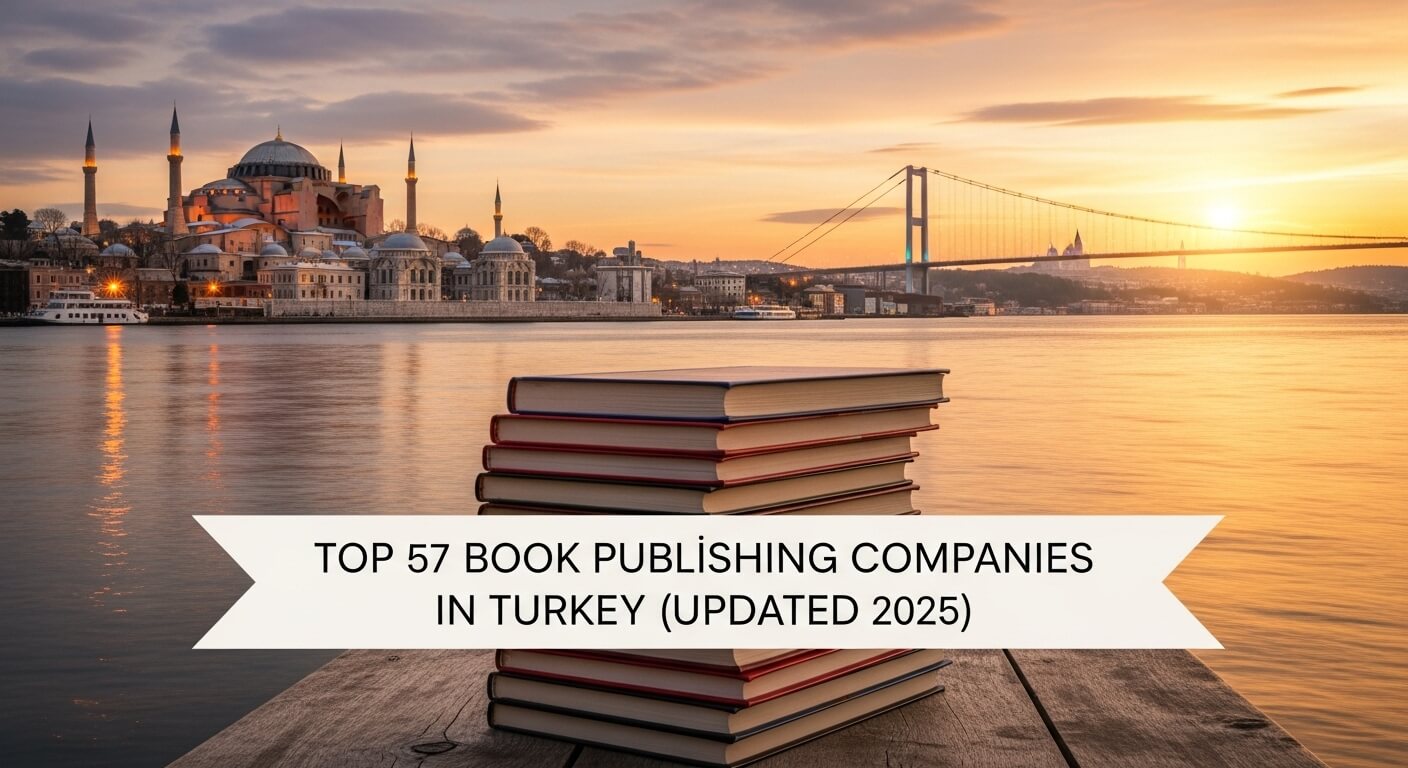"A stunning Istanbul skyline at sunset with Hagia Sophia and the Bosphorus Bridge in the background, stacks of colorful books on a wooden table by the waterfront, with the title 'Top 57 Book Publishing Companies in Turkey (Updated 2025)' in elegant serif font, warm golden tones, high-resolution blog header style"
