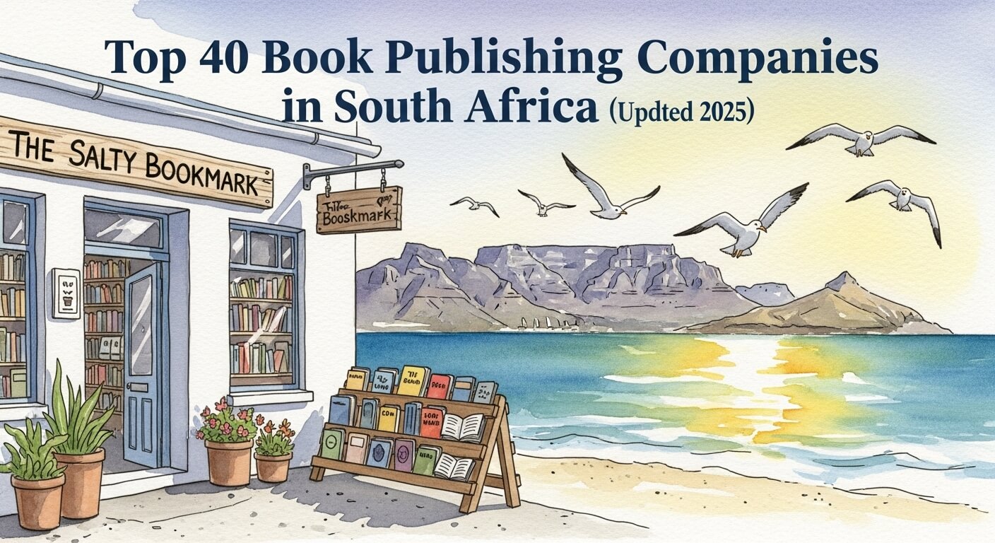 "A hand-painted watercolor illustration of a cozy seaside bookshop in Cape Town, with Table Mountain in the background, seagulls flying, and books displayed outside. Warm sunlight reflecting off the water. The text 'Top 40 Book Publishing Companies in South Africa (Updated 2025)' is written in elegant, bold lettering across the top of the image."