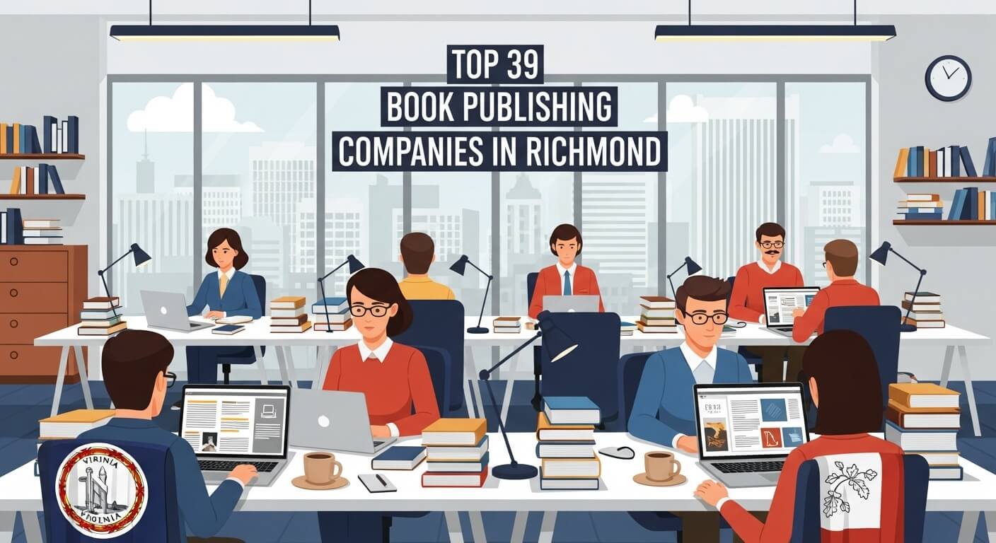 “Flat-style illustration of a Richmond publishing office with authors and editors working together at desks filled with books and laptops. Include the Virginia state flag subtly on a wall or desk. Overlay the blog title ‘Top 39 Book Publishing Companies in Richmond’ in clean, professional typography. Minimalist, vector-style, modern, and approachable illustration.”