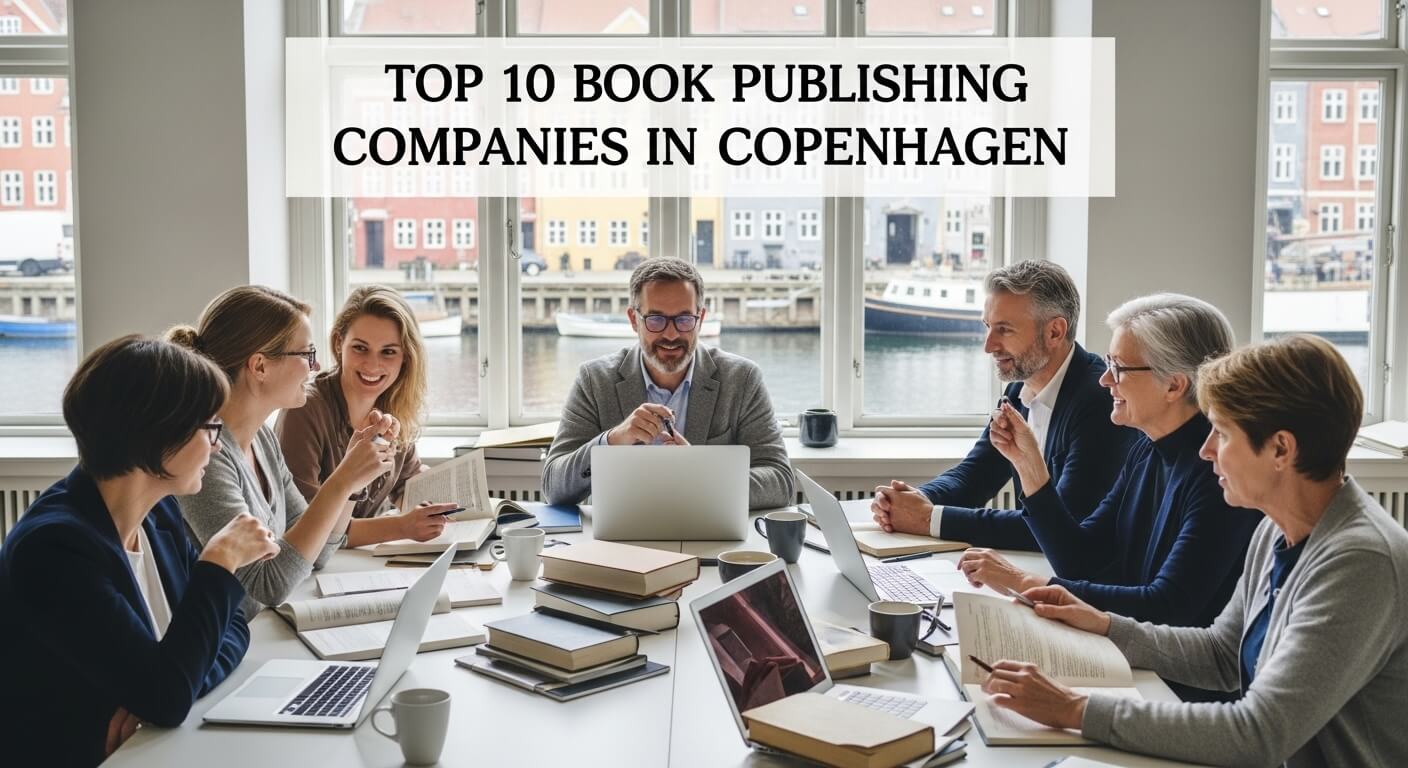 Small group of editors and publishers gathered around a modern table with laptops, manuscripts, and coffee mugs. Window view shows Copenhagen canals. Overlay text: “Top 10 Book Publishing Companies in Copenhagen” in clean, bold font. Style: realistic, collaborative, professional.