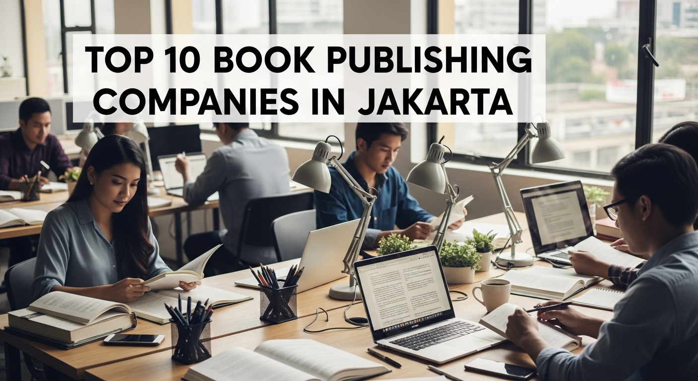 A modern publishing office interior in Jakarta with open manuscripts, pens, laptops, and coffee mugs, representing editors at work. Bold text overlay: Top 10 Book Publishing Companies in Jakarta