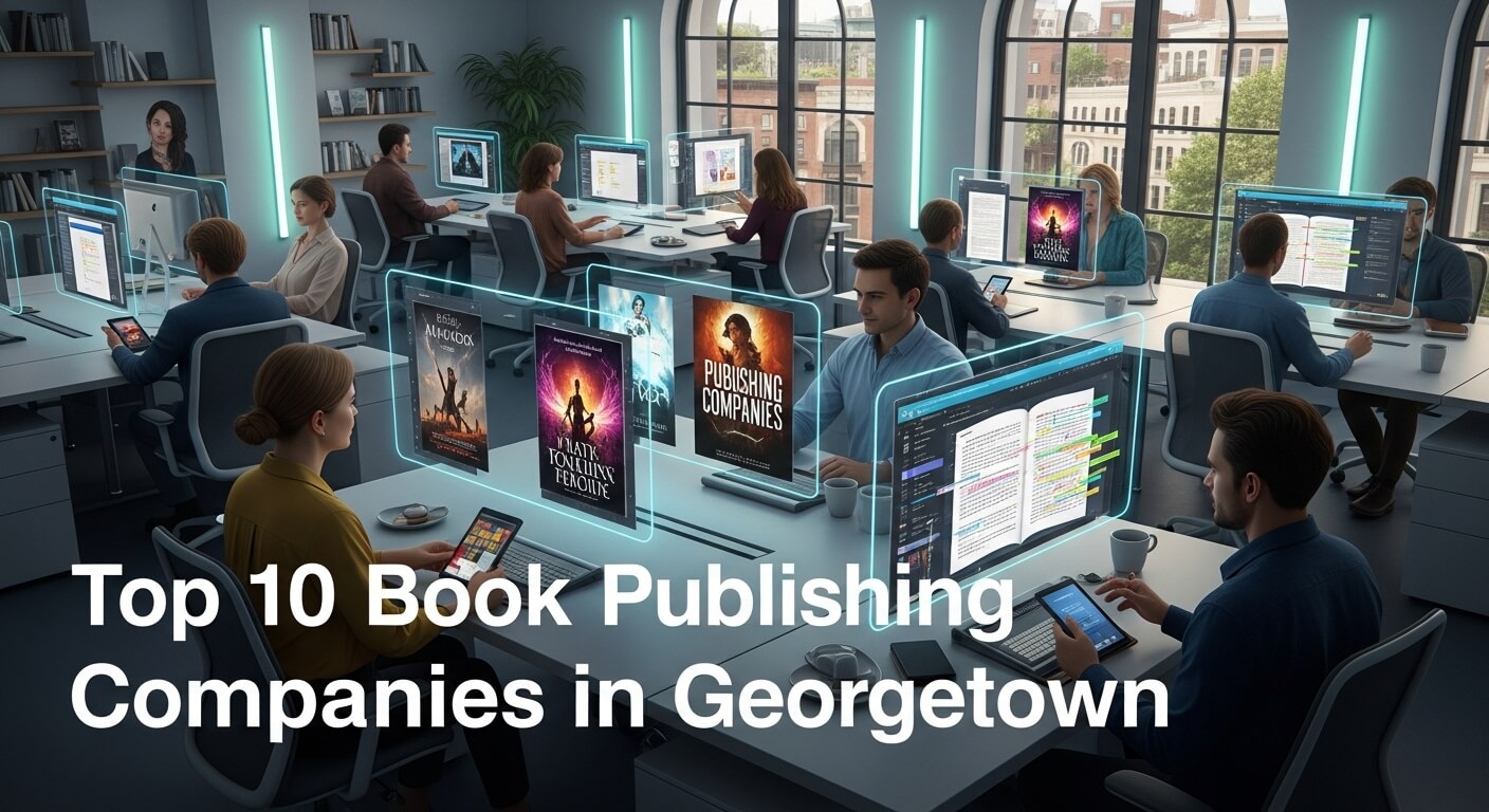 A futuristic co-working space in Georgetown with writers and editors collaborating on screens showing book covers and manuscripts. Bold text overlay: Top 10 Book Publishing Companies in Georgetown 2025.