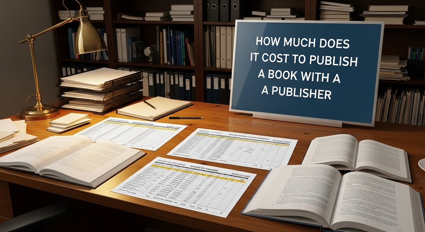 Prompt 5: "Semi-realistic illustration of an author calculating production costs at a desk, with notes on printing, editing, marketing, and distribution visible. Nearby shelves display sample published books. Show the text ‘How Much Does It Cost to Publish a Book with a Publisher’ on a large computer monitor or framed office sign."